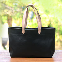 Leather tote, 'Sophisticated Shopper' - Handcrafted Black Leather Tote Bag with Cream Straps