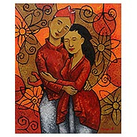 'Javanese Newlywed' - Signed Expressionist Painting of Newlyweds from Java