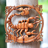 Wood relief panel, 'Scorpion' - Suar Wood Scorpion Relief Panel from Bali