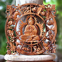 Wood relief panel, 'Zodiac Buddha' - Zodiac-Themed Buddha Wood Relief Panel from Bali
