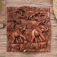 Wood relief panel, 'Elephant Brotherhood' - Cempaka Wood Elephant Relief Panel from Indonesia