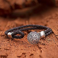 Men's sterling silver and leather bracelet, 'Runic Compass' - Men's Sterling Silver and Leather Bracelet from Bali