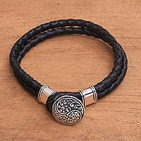 Sterling silver accented leather cord bracelet, 'Tranquil Balance' - Sterling Silver and Leather Yin Yang Braided Cord Bracelet