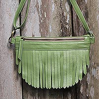 Leather sling, 'Avocado Bohemian' - Bohemian Leather Sling in Avocado from Java