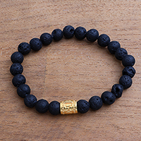 Men's gold accented lava stone beaded stretch bracelet, 'Batur Pebbles' - Men's Gold Accent Lava Stone Beaded Stretch Bracelet