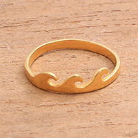 Gold plated sterling silver band ring, 'Indonesian Waves' - Wave Motif Gold Plated Sterling Silver Band Ring from Bali