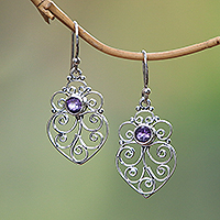Amethyst dangle earrings, 'Enchanted Heart' - Amethyst Sterling Silver Scrollwork Heart Dangle Earrings