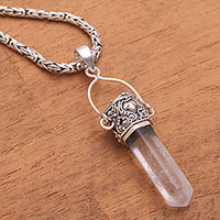 Quartz pendant necklace, 'Crystal Amulet' - Balinese Sterling Silver and Quartz Crystal Necklace