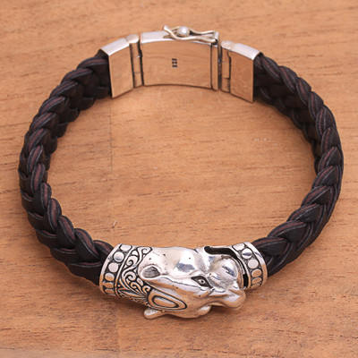 Mens sterling silver braided pendant bracelet, Panther Palace