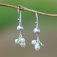 Cultured pearl and peridot dangle earrings, 'Snow Drops' - Cultured Pearl and Peridot Cluster Dangle Earrings from Bali