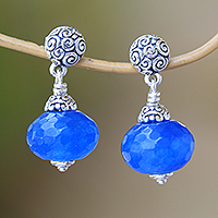 Chalcedony dangle earrings, 'Azure Buddha' - Blue Chalcedony Dangle Earrings from Bali