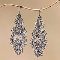 Sterling silver filigree dangle earrings, 'Peacock Empress' - Handmade Sterling Silver Filigree Dangle Earrings from Bali
