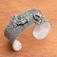 Sterling silver cuff bracelet, 'Majestic Creature' - Artisan Crafted Sterling Silver Dragon Cuff Bracelet