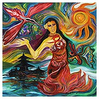'Lake Goddess' (2018) - Signed Surrealist Painting of a Goddess from Bali (2018)