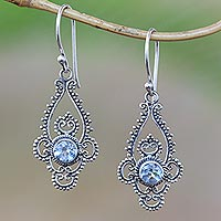 Blue topaz dangle earrings, 'Elegant Evening in Blue' - Blue Topaz Sterling Silver Dot and Scroll Dangle Earrings