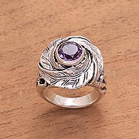 Amethyst cocktail ring, 'Cradled in Nature' - Amethyst and Sterling Silver Nest of Leaves Cocktail Ring