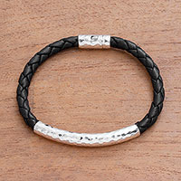 Sterling silver and leather braided pendant bracelet, 'Soul Gleam' - Sterling Silver and Leather Braided Pendant Bracelet