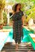 Rayon dress, 'Boho Bali' - White and Olive Floral Print on Black Rayon Midi Dress thumbail