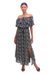 Rayon dress, 'Boho Bali' - White and Olive Floral Print on Black Rayon Midi Dress (image 2d) thumbail