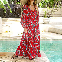 Rayon caftan, 'Strawberry Bouquet' - Floral Rayon Caftan in Strawberry from Bali