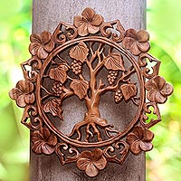 Wood relief panel, 'Buleleng Vines' - Grape Tree Hand Carved Circular Wood Relief Wall Panel