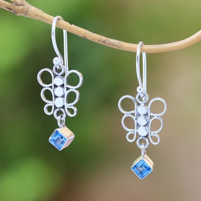 Blue topaz dangle earrings, Square Butterfly
