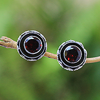 Garnet stud earrings, 'Eye of the Snake' - Sparkling Garnet Stud Earrings from Bali