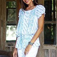 Rayon off-the-shoulder blouse, 'Azure Helix' - Helix Motif Rayon Off-The-Shoulder Blouse from Bali