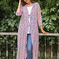 Rayon long kimono, 'Kelud Crisscross' - Chili and Azure Printed Rayon Long Kimono from Bali