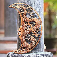 Wood relief panel, 'Crescent Dragon' - Crescent Moon Dragon Hand Carved Wood Relief Wall Panel