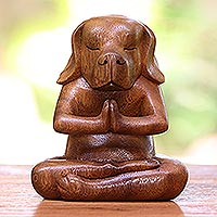 Wood statuette, 'Yoga Beagle' - Yoga Meditation Brown Beagle Hand Carved Wood Statuette
