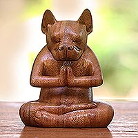 Wood statuette, 'Yoga Boston Terrier in Brown' - Yoga Meditation Brown Boston Terrier Handmade Wood Statuette