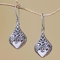 Sterling silver dangle earrings, 'Heart Flower Garden' - Heart and Flower Pattern Sterling Silver Dangle Earrings