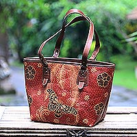 Batik leather shoulder bag, 'Queen of Flowers' - Batik Butterfly Leather Shoulder Bag from Java