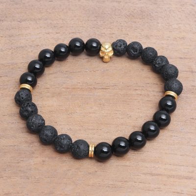 Gold accented onyx beaded stretch bracelet, Dark Skull