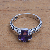 Amethyst single-stone ring, 'Temple Heirloom' - Amethyst Single Stone Ring Crafted in Bali