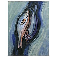 'Fishes' - Signed Expressionist Painting of Two Fish from Bali
