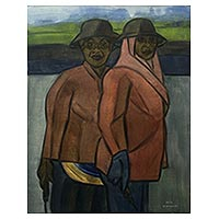 'Two Farmers' - Signed Expressionist Painting of Two Farming Women from Bali