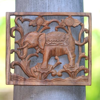 Wood relief panel, Elephant on Flowers