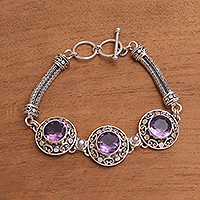 Amethyst and cultured pearl pendant bracelet, 'Temple Roof' - 10-Carat Amethyst and Cultured Pearl Pendant Bracelet