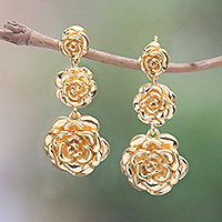 Gold plated sterling silver dangle earrings, 'Blooming Rose Trio' - Rose Trio 18k Gold Plated Sterling Silver Dangle Earrings