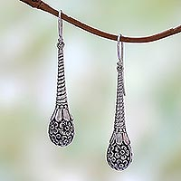 Sterling silver dangle earrings, 'Plumeria Drops' - Frangipani Flower Sterling Silver Dangle Earrings from Bali