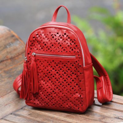 Leather backpack, 'Truntum Pattern' - Truntum Pattern Leather Backpack in Crimson from Bali