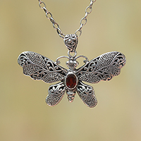 Garnet pendant necklace, 'Elaborate Butterfly' - Garnet and Sterling Silver Butterfly Pendant Necklace