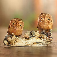 Wood sculpture, 'Owl Romance' - Jempinis Wood Owl Sculpture from Bali