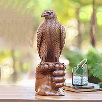 Wood sculpture, 'Falconer's Friend' - Hand-Carved Suar Wood Falconer Sculpture from Bali