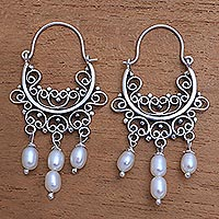 Cultured pearl chandelier earrings, 'Silver-White Dew' - Silver-White Cultured Pearl Chandelier Earrings from Bali
