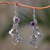 Amethyst dangle earrings, 'Flower Tendrils' - Floral Amethyst Dangle Earrings Crafted in Bali