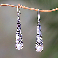 Cultured pearl dangle earrings, 'Balinese Trumpet in White' - White Cultured Pearl Cone Dangle Earrings from Bali