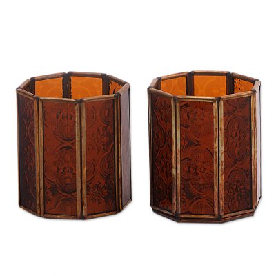 Glass and brass candle holders, 'Malioboro Glow' (pair) - Glass and Brass Candle Holders in Brown from Java (Pair)